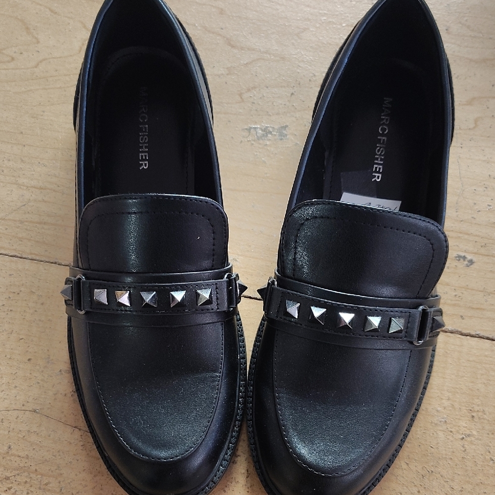 Marc Fisher Black Leather Loafers with Silver Studs